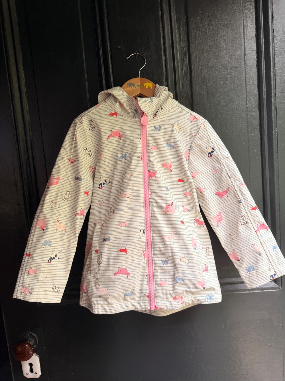 Joules White & Pink Hooded Kids Raincoat with Dog Print